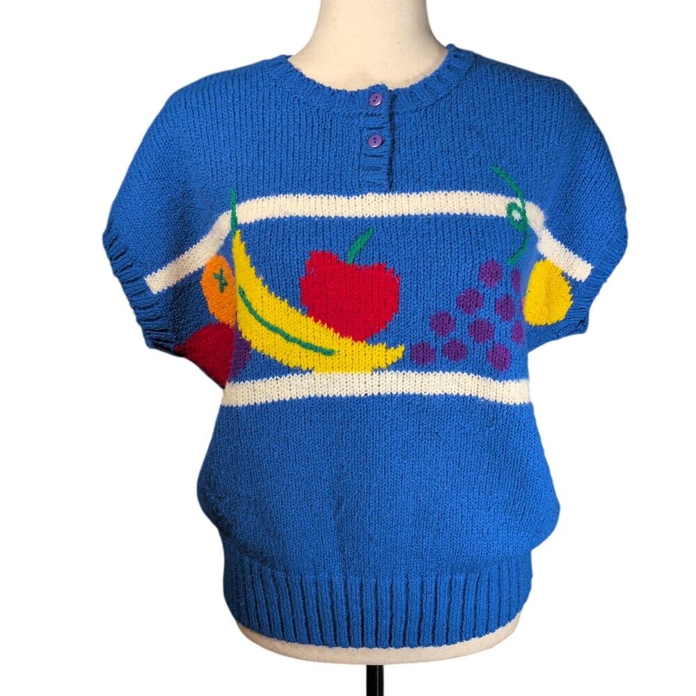 VTG 80s/90s Colter Bay Blue Acrylic Knit Sweater Fruit Design Short Sleeve Large